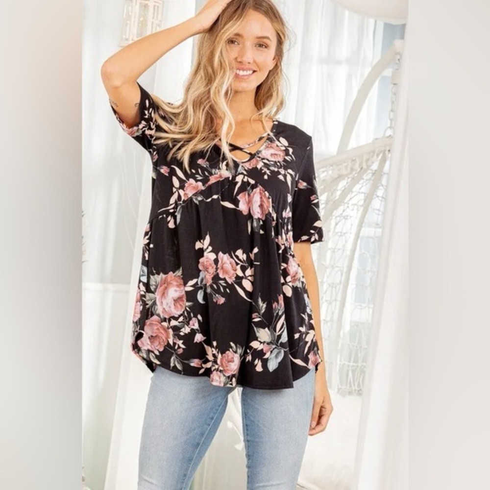 Heimish Full Size Crisscross Neck Floral Babydoll Top Plus Size